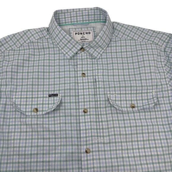 Poncho Mens XL Slim Fit Blue Green Check Short Sleeve Button Down Shirt - Picture 1 of 5